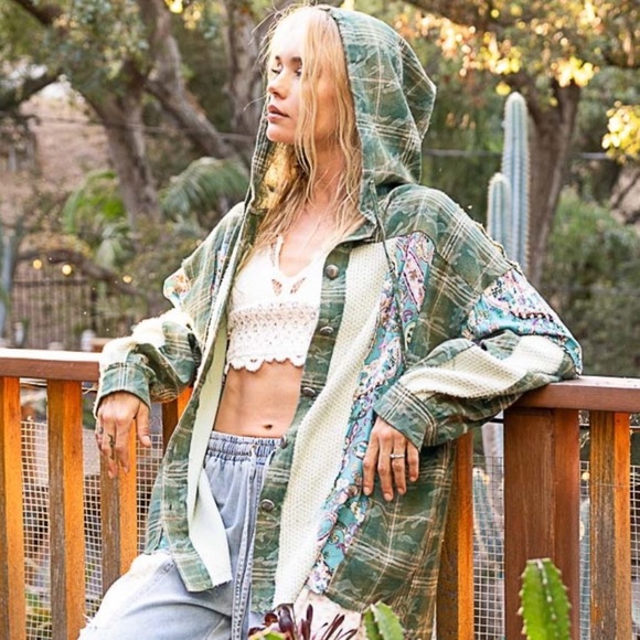 LAST ONE ! POL Plaid Button-Down Hoodie with Multi-Color Patchwork - Picture 2 of 7